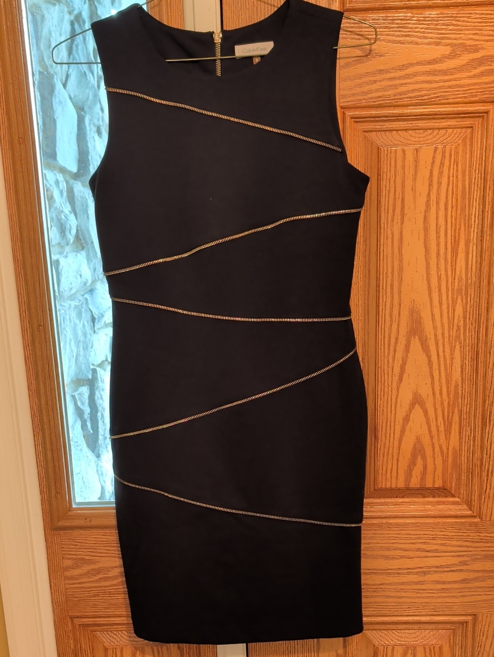 Calvin Klein Black Midi Sheath Dress with Gold Zipper Trim